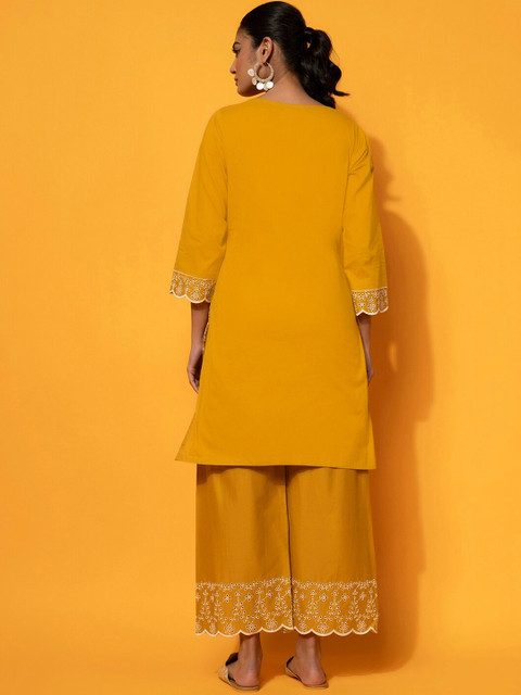 Libas Floral Embroidered V-Neck Pure Cotton Tunic With Palazzos - Image 5