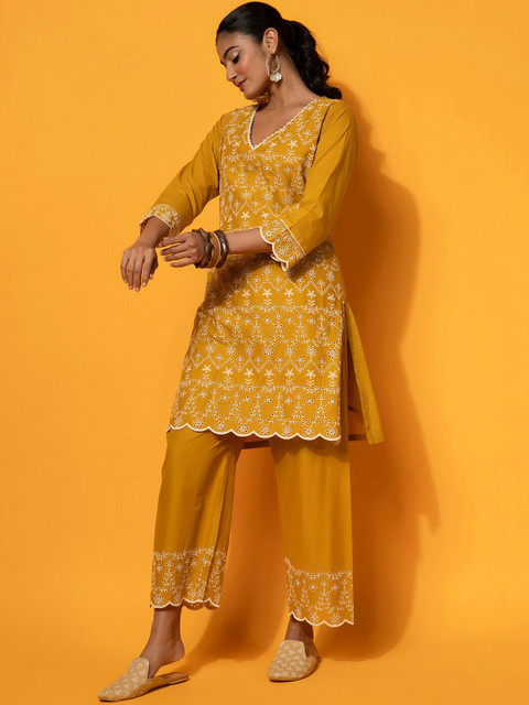 Libas Floral Embroidered V-Neck Pure Cotton Tunic With Palazzos - Image 4