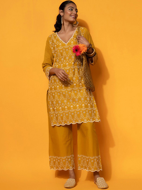 Libas Floral Embroidered V-Neck Pure Cotton Tunic With Palazzos - Image 3