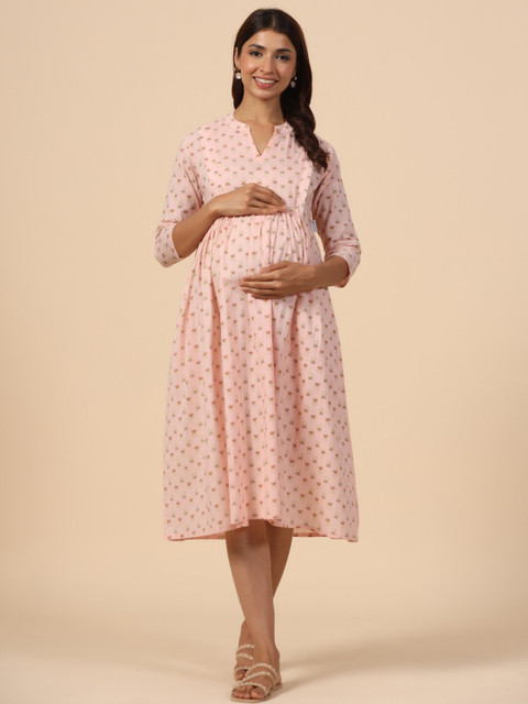 CRAFIQA Ethnic Motifs Print Maternity Fit & Flare Midi Dress