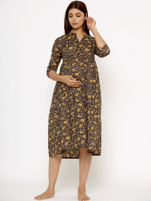 CRAFIQA Floral Printed Pure Cotton Maternity Midi Nightdress