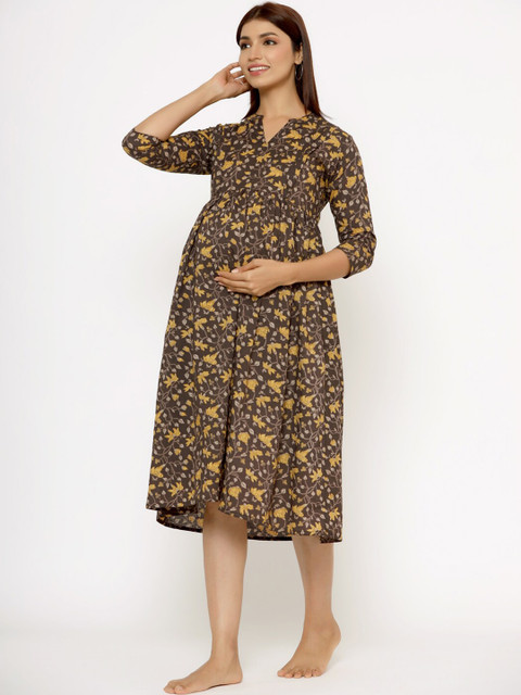 CRAFIQA Floral Printed Pure Cotton Maternity Midi Nightdress - Image 4
