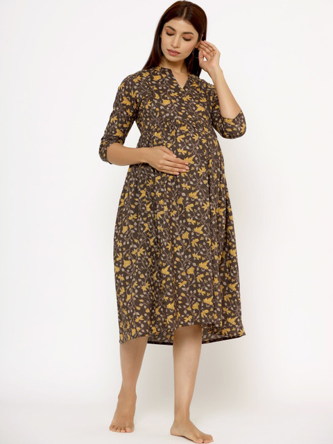 CRAFIQA Floral Printed Pure Cotton Maternity Midi Nightdress - Image 3