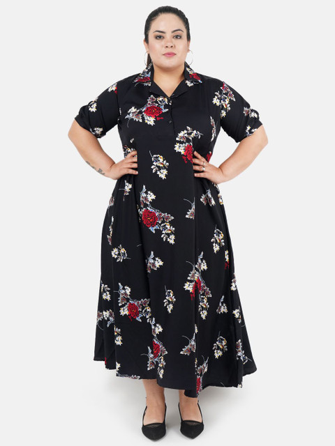 Indietoga Women Plus Size Floral Print Shirt Collar Pleated Fit and Flare Maxi Dress
