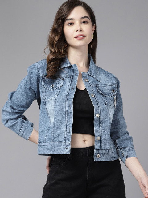 BAESD Women Washed Windcheater Crop Denim Jacket