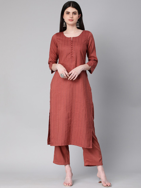 KALINI Striped Printed Round Neck Three-Quarter Sleeves Thread Work Kurta with Trousers