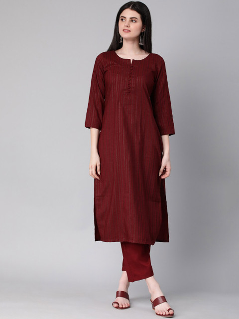 KALINI Striped Round Neck Three-Quarter Sleeves Thread Work Kurta with Trousers