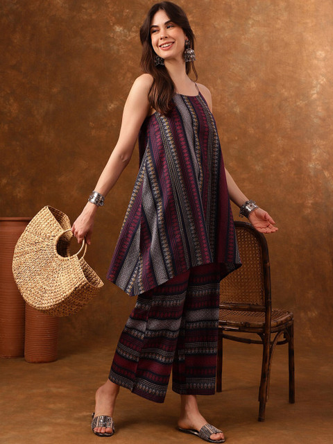 Anouk Geometric Printed Shoulder Straps Ethnic Tunic With Palazzo