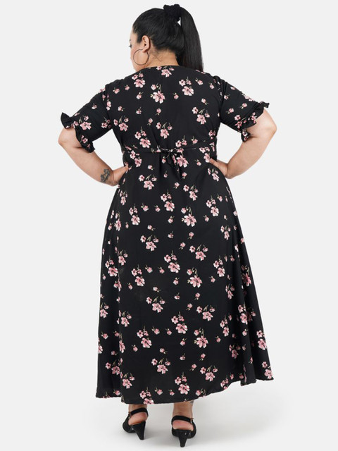 Indietoga Plus Size Black Floral Print Fit And Flare Long Maxi Dress - Image 5