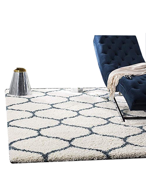 AaHo Decor Cream & Blue Anti-Skid Abstract Shaggy Woolen Runner - Image 3