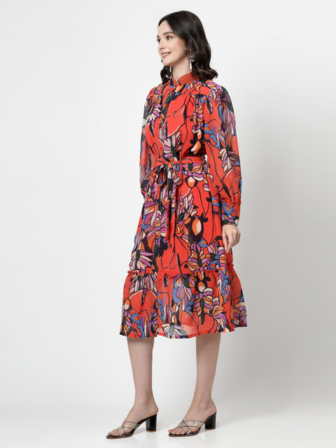 plusS Orange Floral Printed Flared Fit & Flare Dress - Image 3