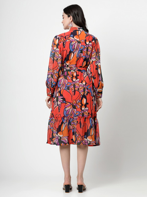 plusS Orange Floral Printed Flared Fit & Flare Dress - Image 4