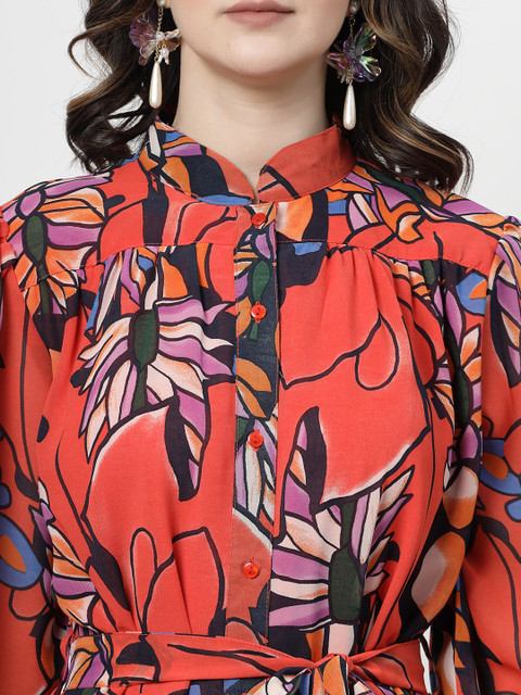 plusS Orange Floral Printed Flared Fit & Flare Dress - Image 2