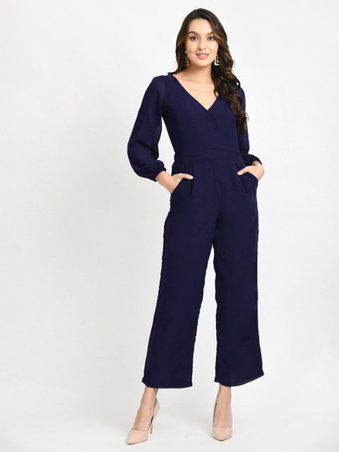 V&M navy Blue V- Neck Full Sleeves Basic Jumpsuit