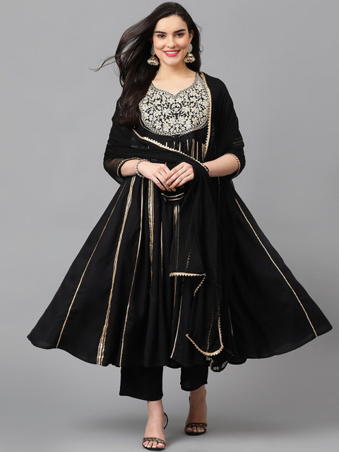 Khushal K Women Floral Embroidered Regular Thread Work Kurta with Palazzos & With Dupatta