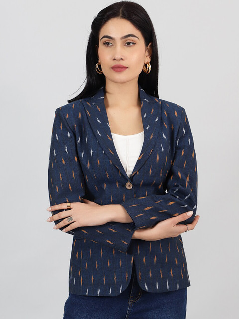 INDOPHILIA Printed Peaked Lapel Long Sleeves Single-Breasted Cotton Blazer