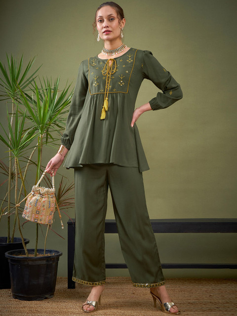 Shae by SASSAFRAS Olive Green Embroidered Peplum Top With Palazzos Co-Ords