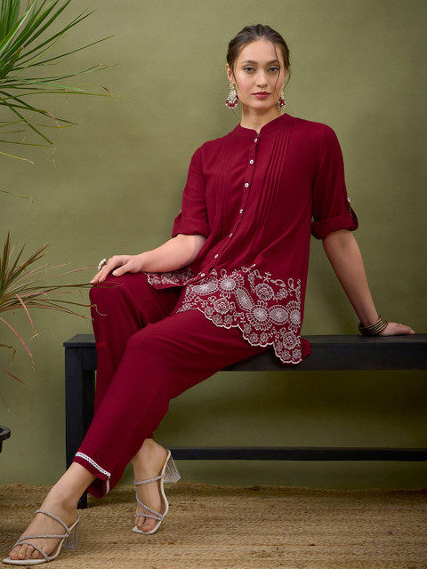 Shae by SASSAFRAS Maroon Embroidered Shirt With Palazzos Co-Ords - Image 7