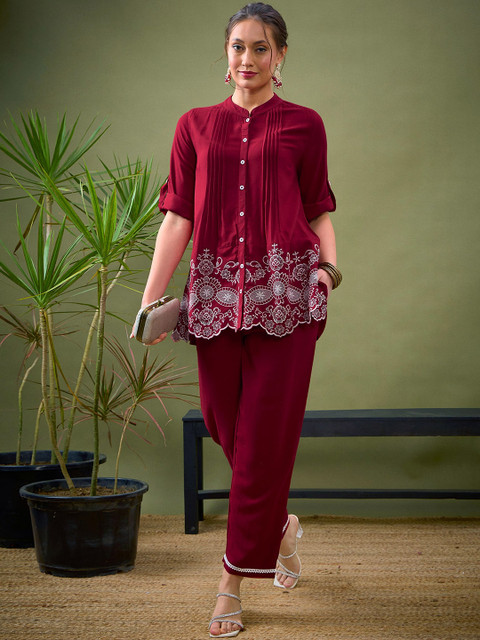 Shae by SASSAFRAS Maroon Embroidered Shirt With Palazzos Co-Ords - Image 6