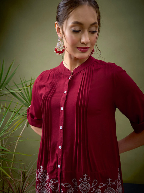 Shae by SASSAFRAS Maroon Embroidered Shirt With Palazzos Co-Ords - Image 2