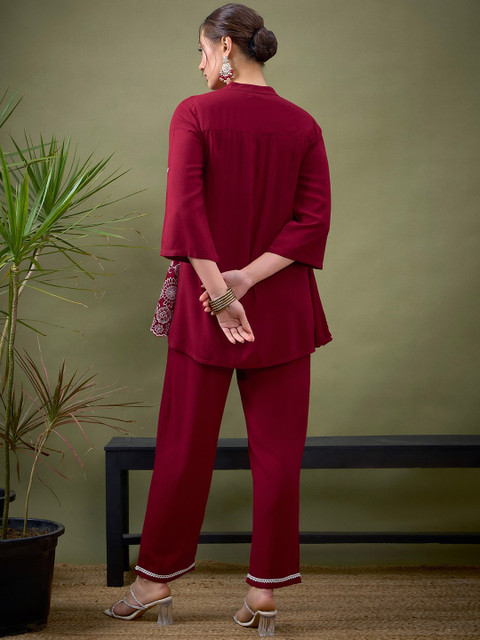 Shae by SASSAFRAS Maroon Embroidered Shirt With Palazzos Co-Ords - Image 5