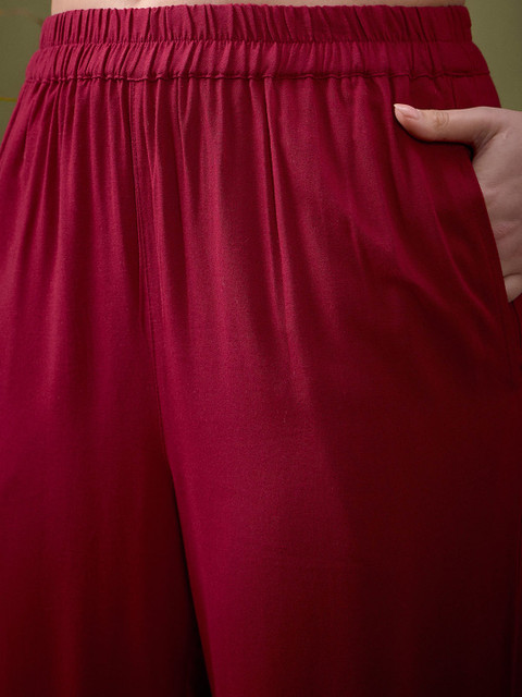 Shae by SASSAFRAS Maroon Embroidered Shirt With Palazzos Co-Ords - Image 3