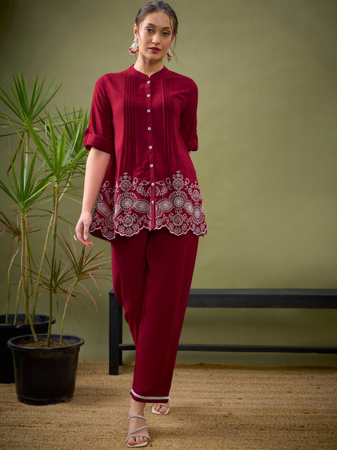 Shae by SASSAFRAS Maroon Embroidered Shirt With Palazzos Co-Ords