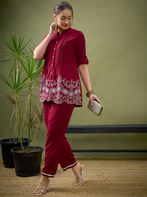 Shae by SASSAFRAS Maroon Embroidered Shirt With Palazzos Co-Ords - Image 4