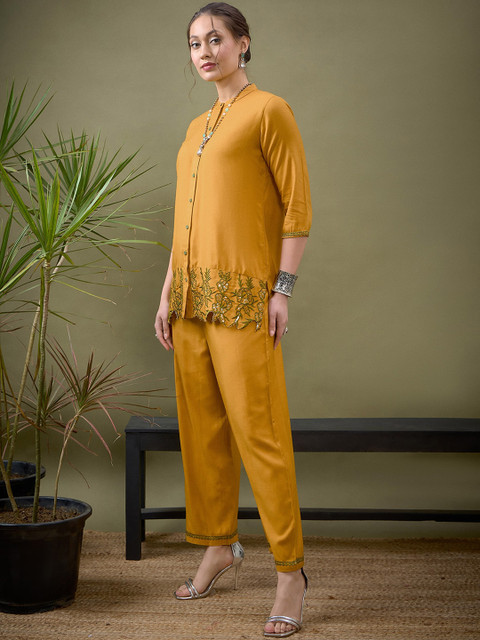 Shae by SASSAFRAS Mustard Yellow Embroidered Shirt With Palazzos Co-Ords - Image 4