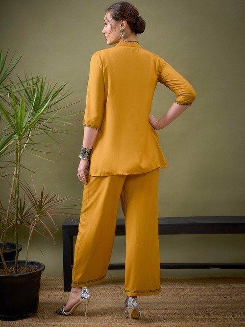 Shae by SASSAFRAS Mustard Yellow Embroidered Shirt With Palazzos Co-Ords - Image 5