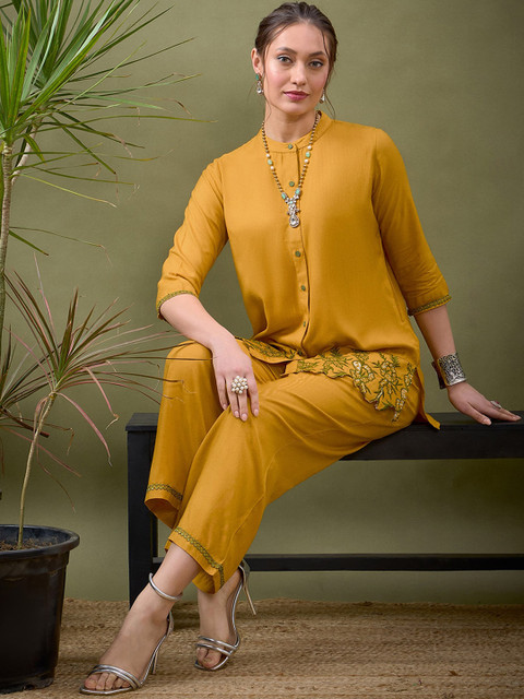 Shae by SASSAFRAS Mustard Yellow Embroidered Shirt With Palazzos Co-Ords - Image 7