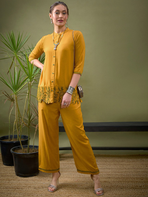 Shae by SASSAFRAS Mustard Yellow Embroidered Shirt With Palazzos Co-Ords - Image 6