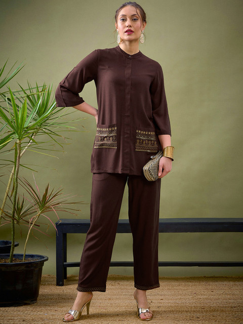 Shae by SASSAFRAS Brown Embroidered Shirt With Palazzos Co-Ords