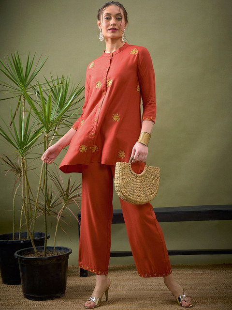 Shae by SASSAFRAS Rust Embroidered Shirt With Palazzos Co-Ords