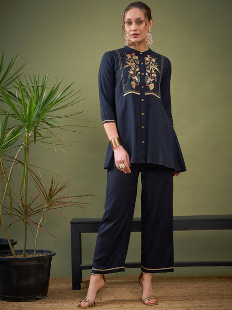 Shae by SASSAFRAS Black Embroidered Shirt With Palazzos Co-Ords