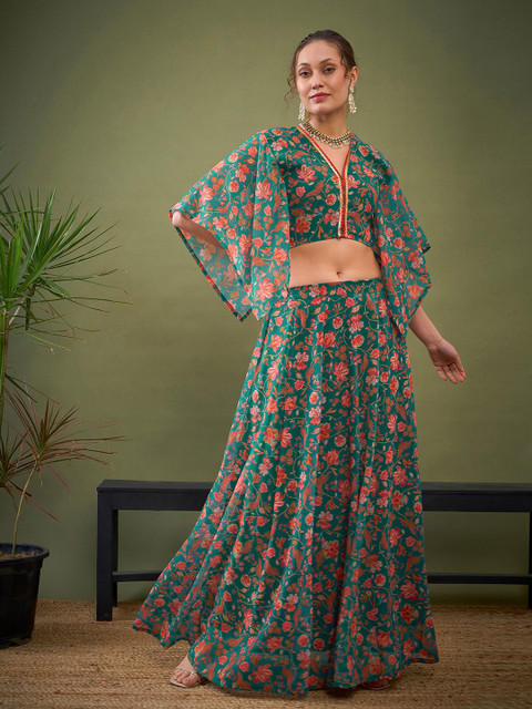 Shae by SASSAFRAS Green Floral Printed Ready to Wear Lehenga Choli