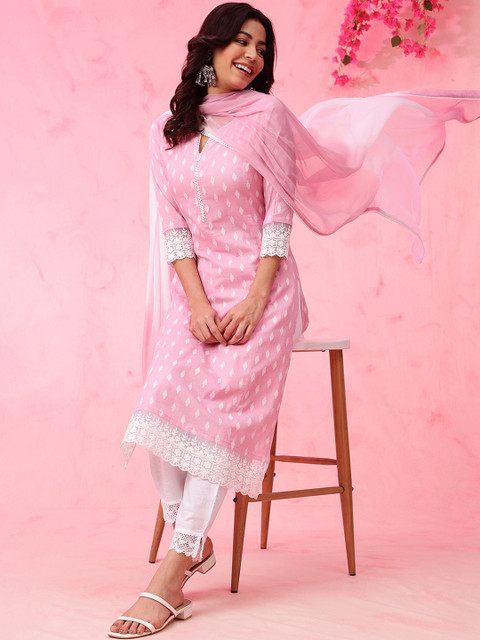 Anouk Geometric Self Design Cotton Kurta with Trousers & Dupatta