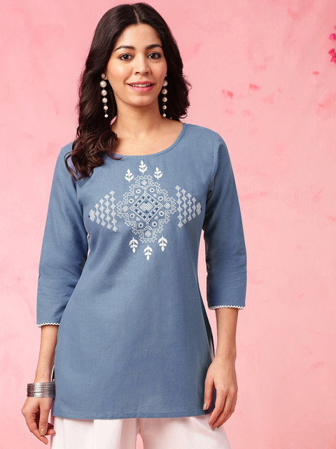 Anouk Blue Ethnic Motifs Embroidered Thread Work Pure Cotton Straight Short Kurti