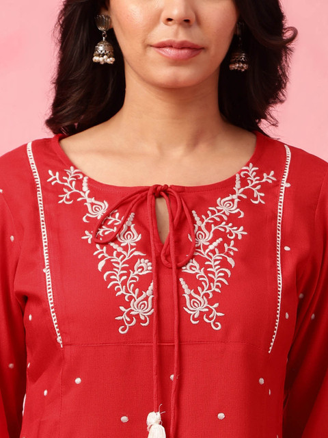 Anouk Floral Embroidered Tie-Up Neck Straight Short Kurti - Image 2