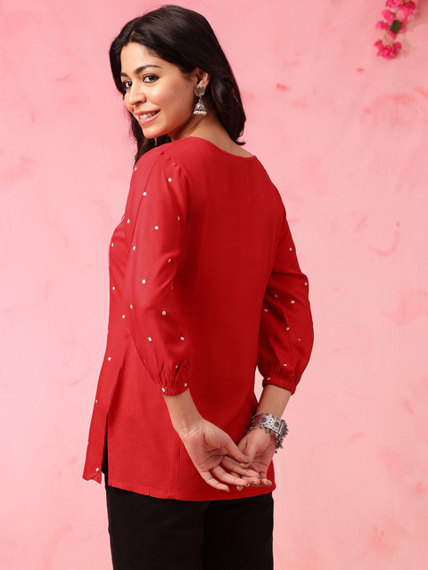 Anouk Floral Embroidered Tie-Up Neck Straight Short Kurti - Image 5