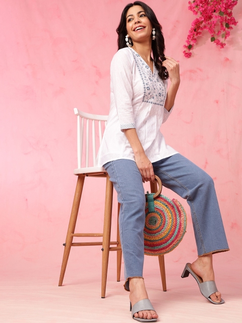 Anouk Floral Embroidered V-Neck Pure Cotton Straight Kurti - Image 6