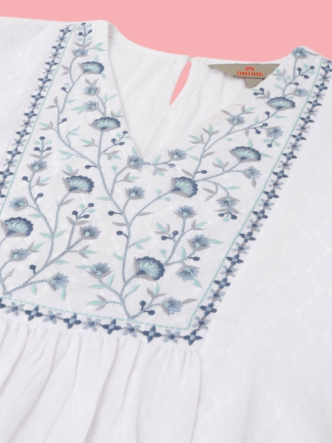 Anouk Floral Embroidered V-Neck Pure Cotton Straight Kurti - Image 7
