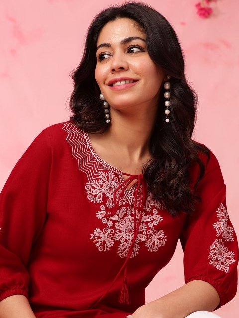 Anouk Floral Embroidered Tie Up Neck Three-Quarter Sleeves Short Kurti - Image 6