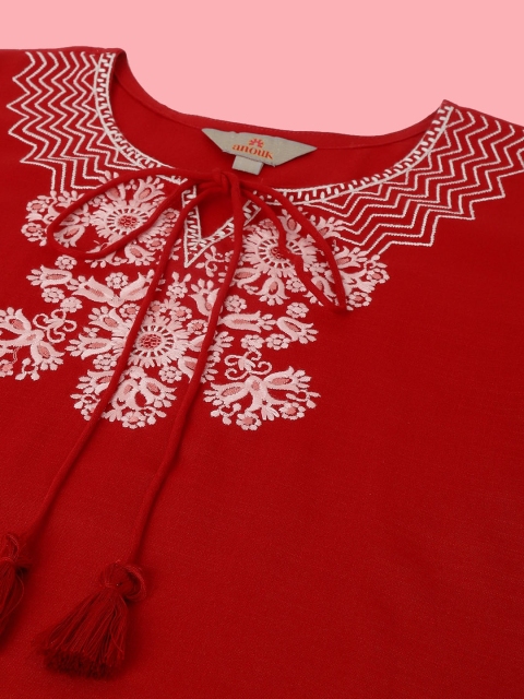 Anouk Floral Embroidered Tie Up Neck Three-Quarter Sleeves Short Kurti - Image 7