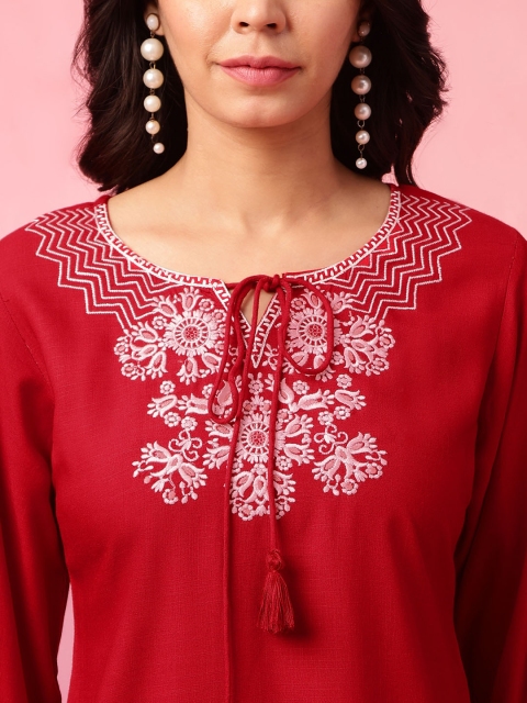 Anouk Floral Embroidered Tie Up Neck Three-Quarter Sleeves Short Kurti - Image 2