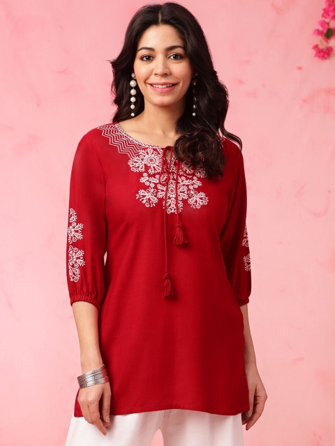 Anouk Floral Embroidered Tie Up Neck Three-Quarter Sleeves Short Kurti - Image 3