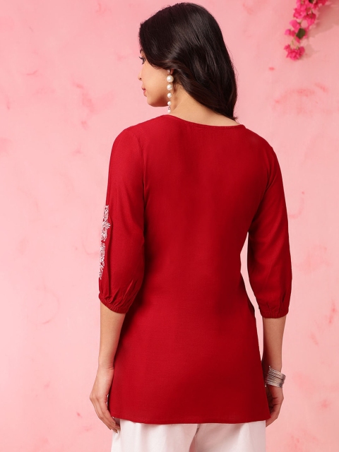 Anouk Floral Embroidered Tie Up Neck Three-Quarter Sleeves Short Kurti - Image 5