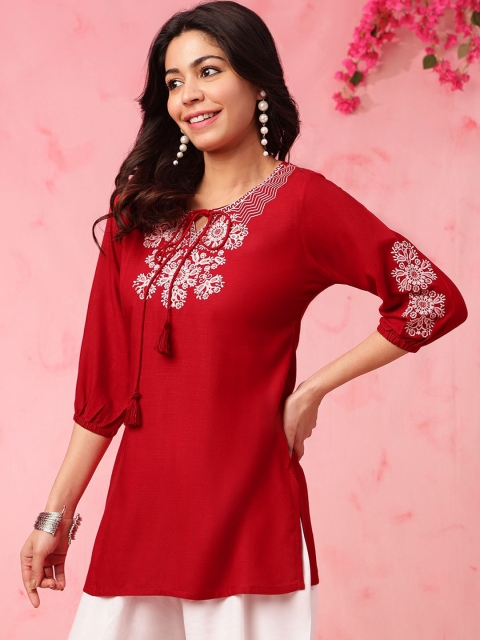 Anouk Floral Embroidered Tie Up Neck Three-Quarter Sleeves Short Kurti - Image 4