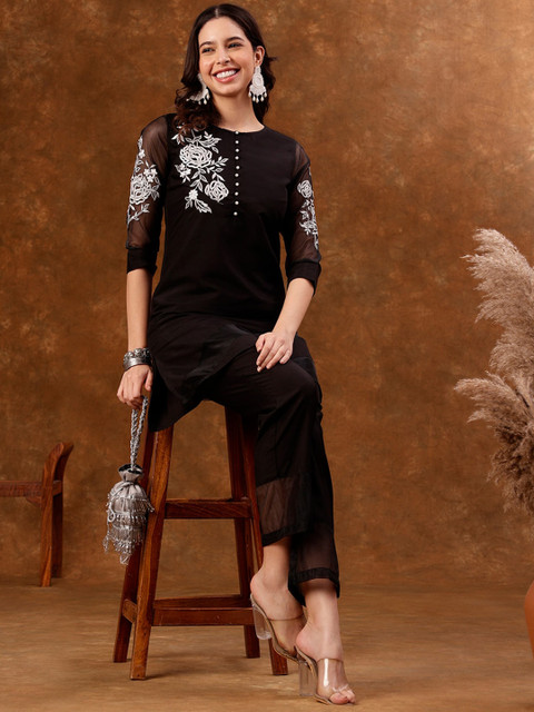 Anouk Black Floral Embroidered Tunic With Trouser