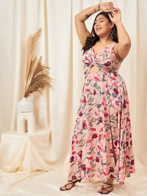 Berrylush Curve Plus Size Floral Print Cut Outs Satin Maxi Dress - Image 3